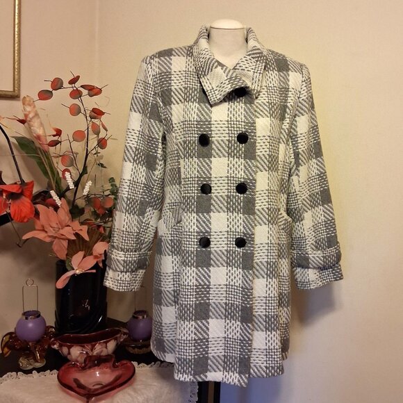 NEW Women’s Gray White Double-Breasted Lined Trench Coat Winter Outerwear 14 L - Picture 2 of 10